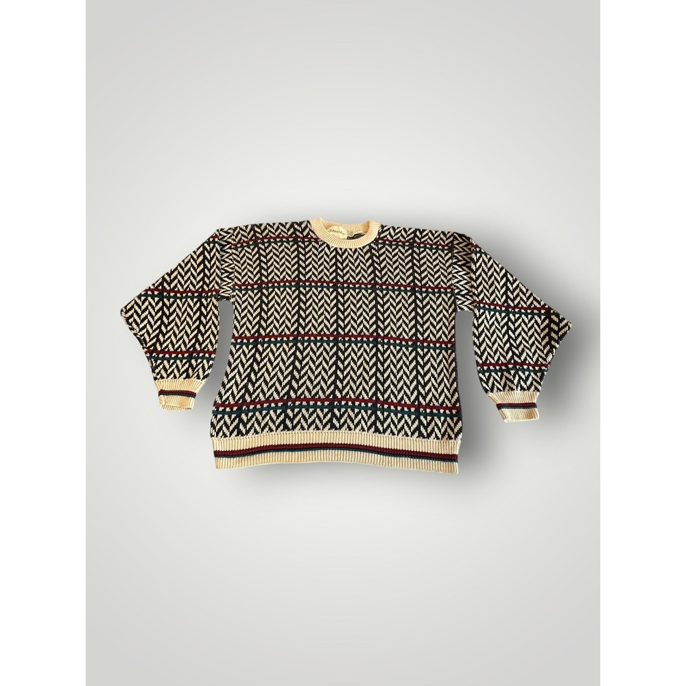 Vintage St. John's Bay‎ Sweater Mens XL Cream Black Red Cotton Knit USA